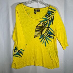 Sportelle Womens Yellow Tropical Leaf Print 3/4 Sleeve Top Rhinestone Accents XL